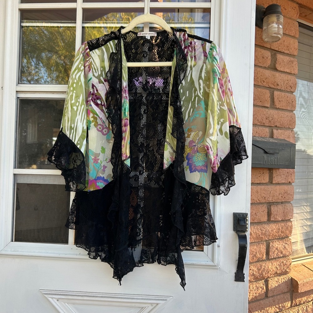 Spencer Alexis Silk Blend Floral Lace‎ Kimono Wrap Top Large Art to Wear Boho